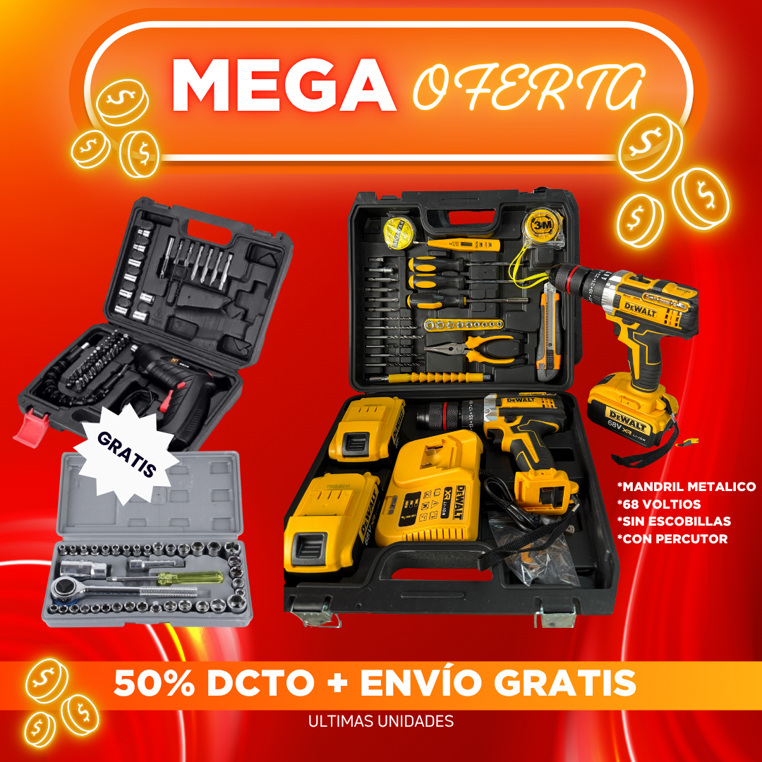 Taladro inalámbrico DEWALT de alto rendimiento - 68V - con caja de herramientas 🎁HOY RECIBE REGALO ADICIONAL